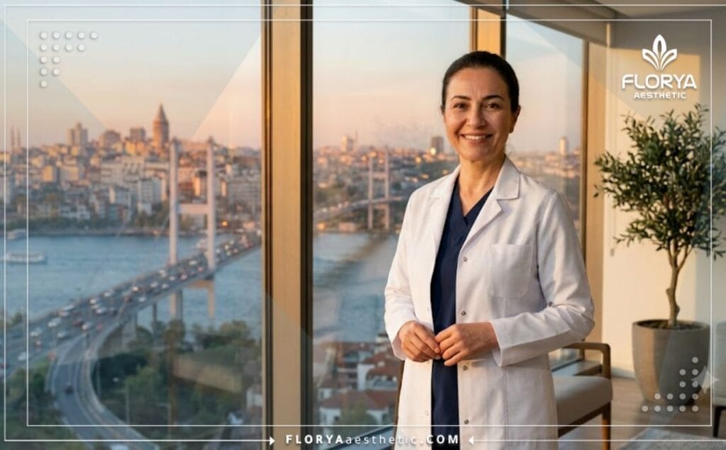 Chirurgien spécialiste accueillant et souriant avec le pont du Bosphore à Istanbul en arrière-plan.