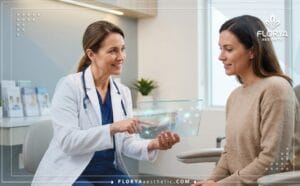 طبيب يشرح خطة العلاج في أفضل عيادة شد الثدي بالليزر باستخدام جهاز لوحي متطور