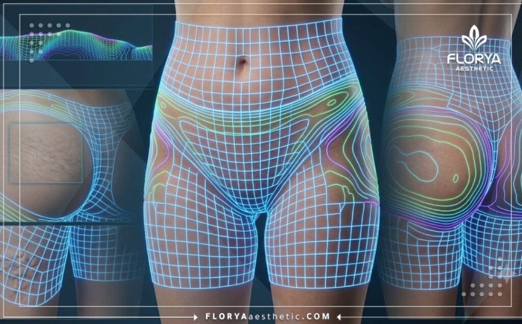 Medical 3D surface visualization displaying a detailed neon blue laser grid mesh scanning the body contouring anatomical region.