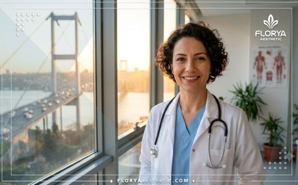 Smiling professional surgeon welcoming patients to Istanbul with the iconic Galata Tower visible in the beautiful golden hour background.