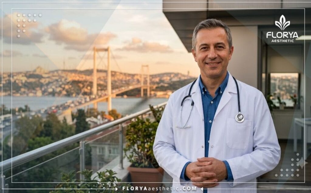 Smiling specialized aesthetic doctor standing before the Bosphorus in Istanbul