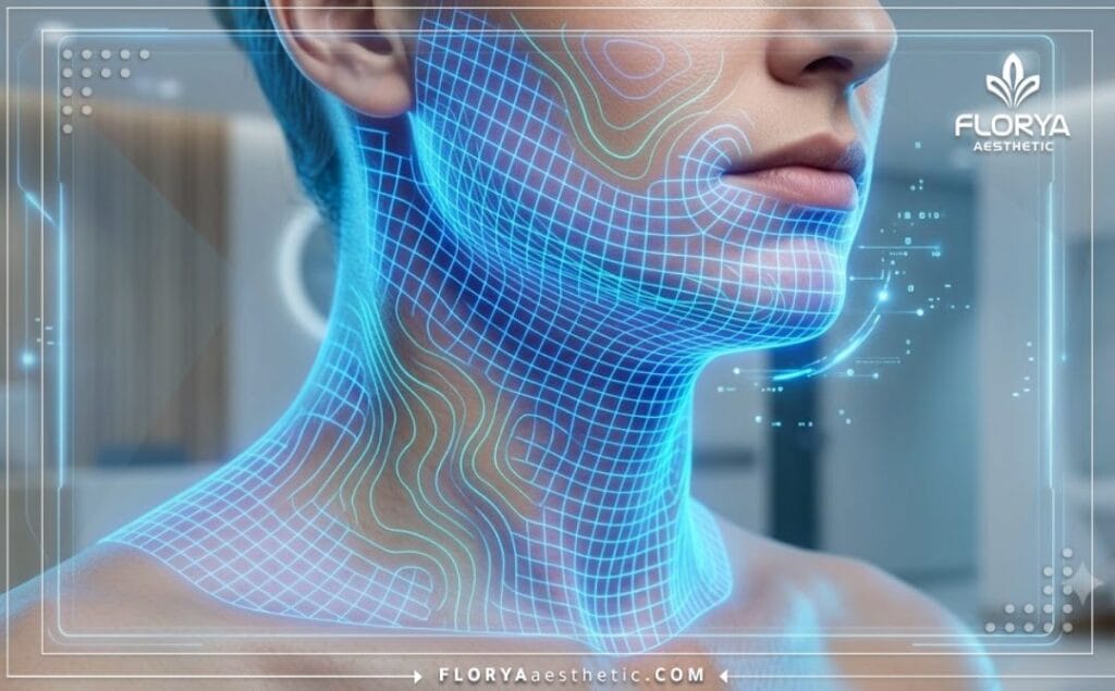 مسح ضوئي ثلاثي الأبعاد دقيق لمنطقة الرقبة والفك يوضح تفاصيل التشريح الطبي
