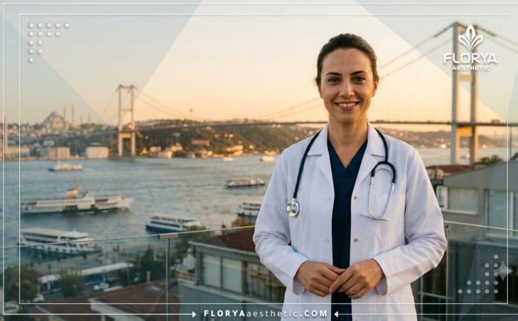 طبيب متخصص في نحت القوام يبتسم أمام جسر البوسفور في اسطنبول ترحيباً بالمرضى.