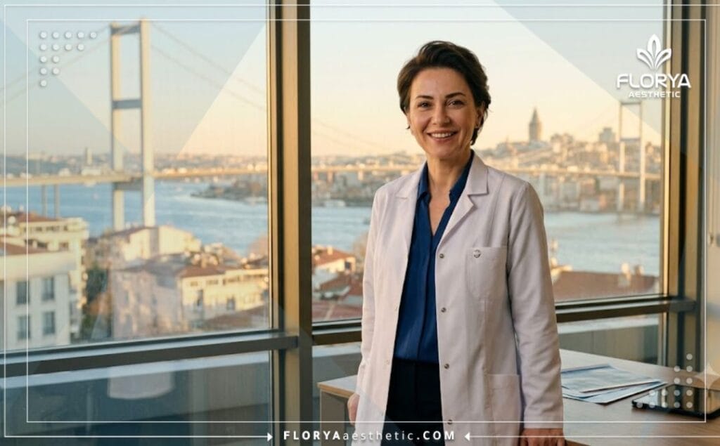 طبيب متخصص ودود يبتسم بثقة للمريض مع خلفية جميلة تظهر جسر البوسفور في إسطنبول تحت أشعة الشمس الدافئة.