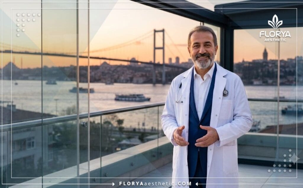 طبيب عيون مبتسم يرحب بالمرضى في اسطنبول مع خلفية مميزة لجسر البوسفور.