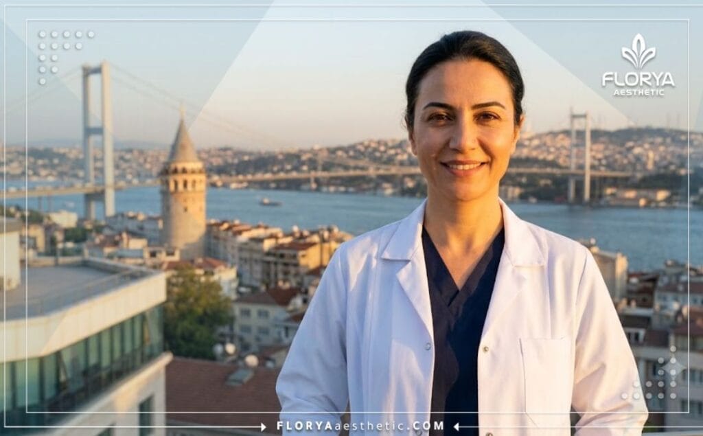 Doctor estético sonriente dando la bienvenida desde la ciudad de Estambul.