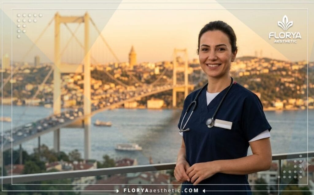 طبيب تجميل ودود يرحب بالمرضى في اسطنبول مع خلفية جميلة تظهر معالم المدينة الشهيرة.