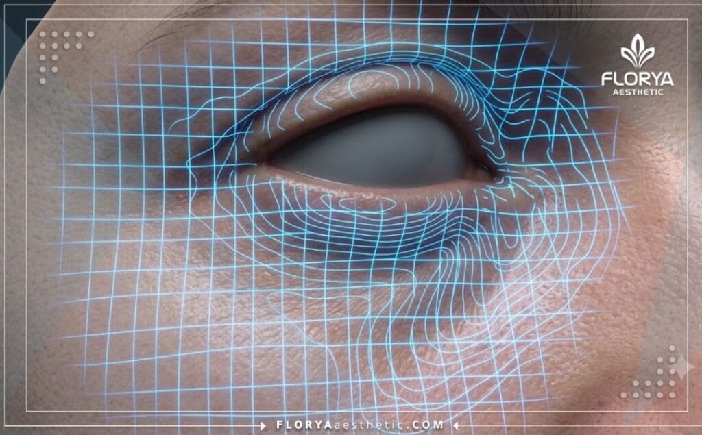 Escaneo digital 3D de alta tecnología enfocado en la anatomía del área debajo de los ojos.