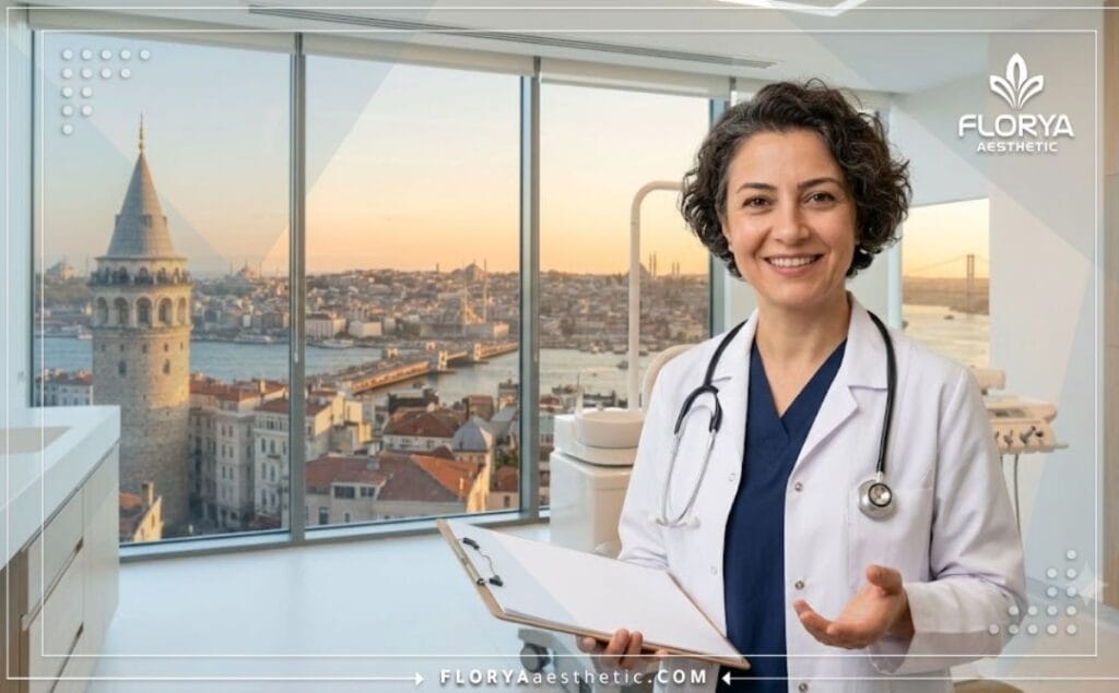 Médecin expert accueillant avec une vue imprenable sur Istanbul en arrière-plan.