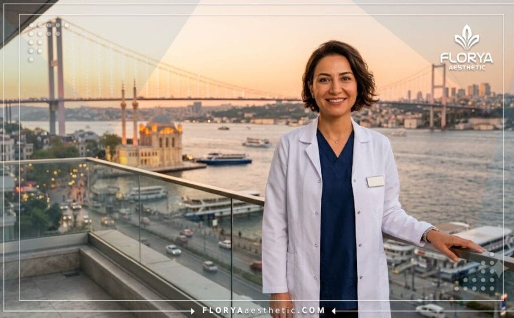 Cirujano experto y amable dando la bienvenida con la vista del puente del Bósforo en Estambul.