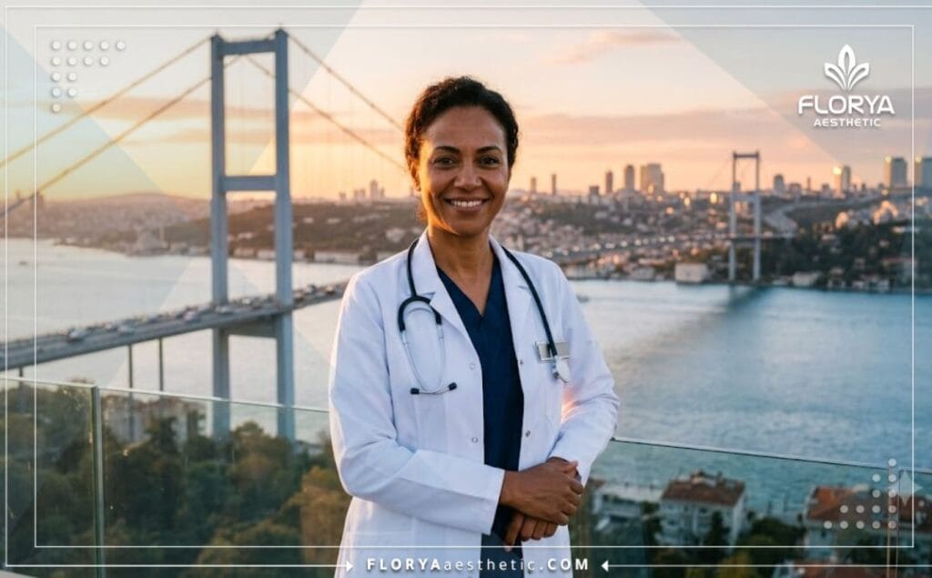 Friendly specialist doctor smiling warmly with the iconic Bosphorus Bridge in Istanbul behind.