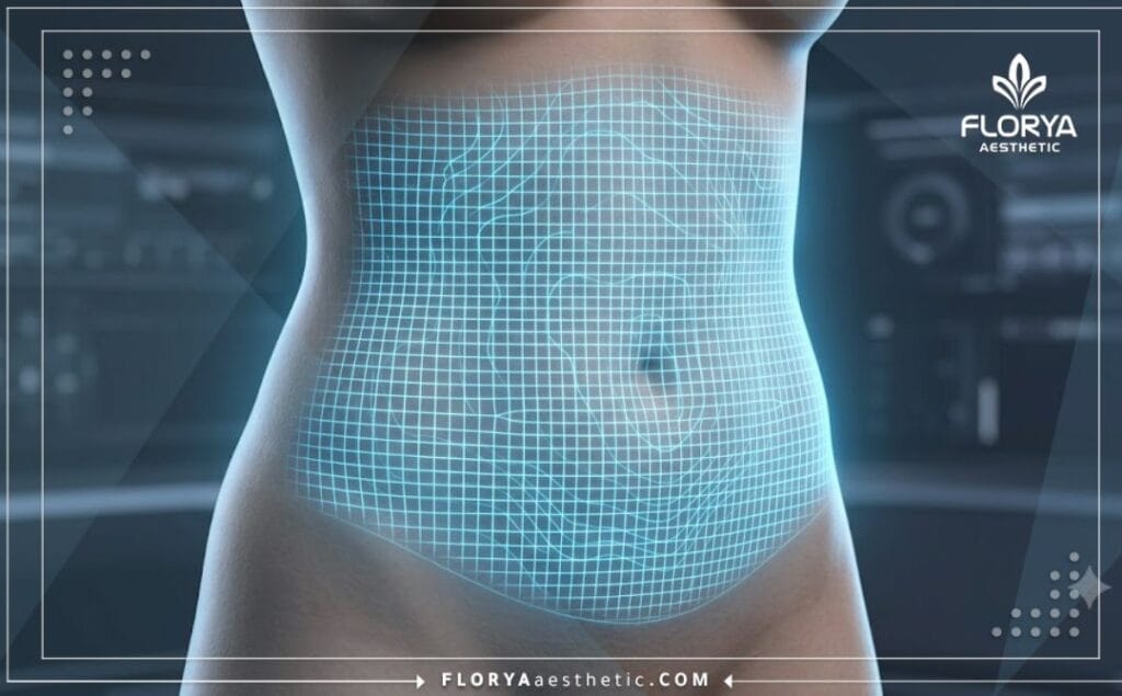 Digital 3D macro scan of the abdomen highlighting body contouring precision without any text.