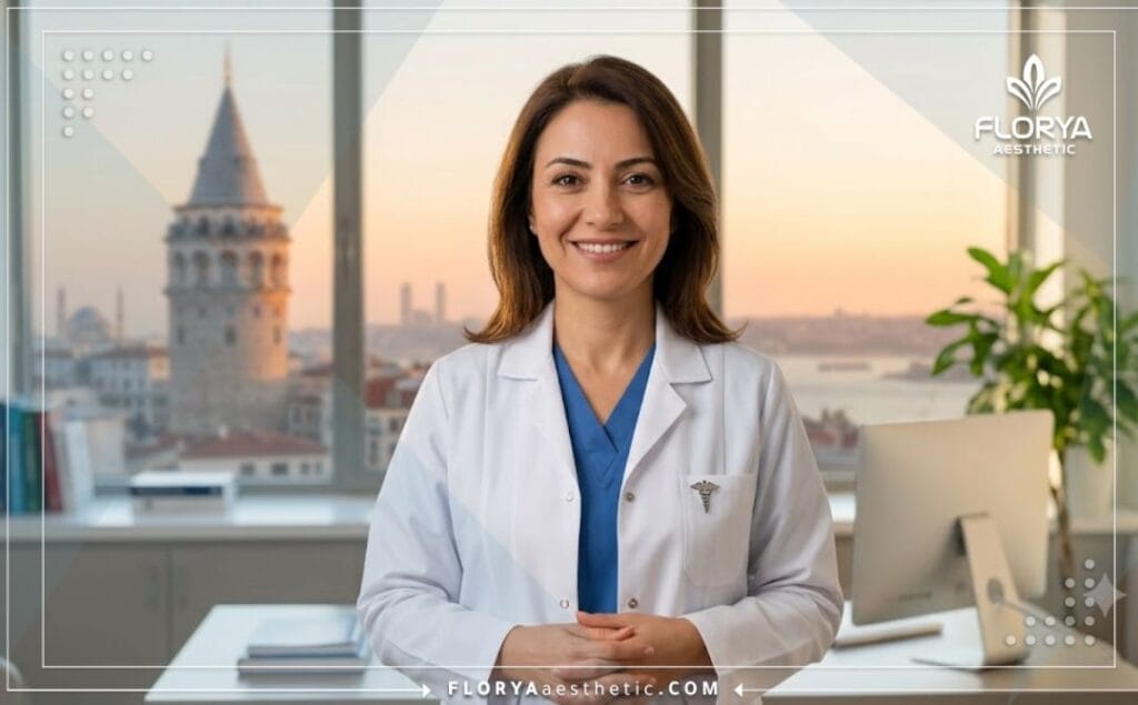 دكتور تجميل مبتسم في إسطنبول مع إطلالة على جسر البوسفور في الخلفية.