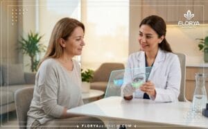 أفضل دكتور شد العيون بالخيوط في تركيا يوضح خطة العلاج الرقمية للمريض في العيادة.