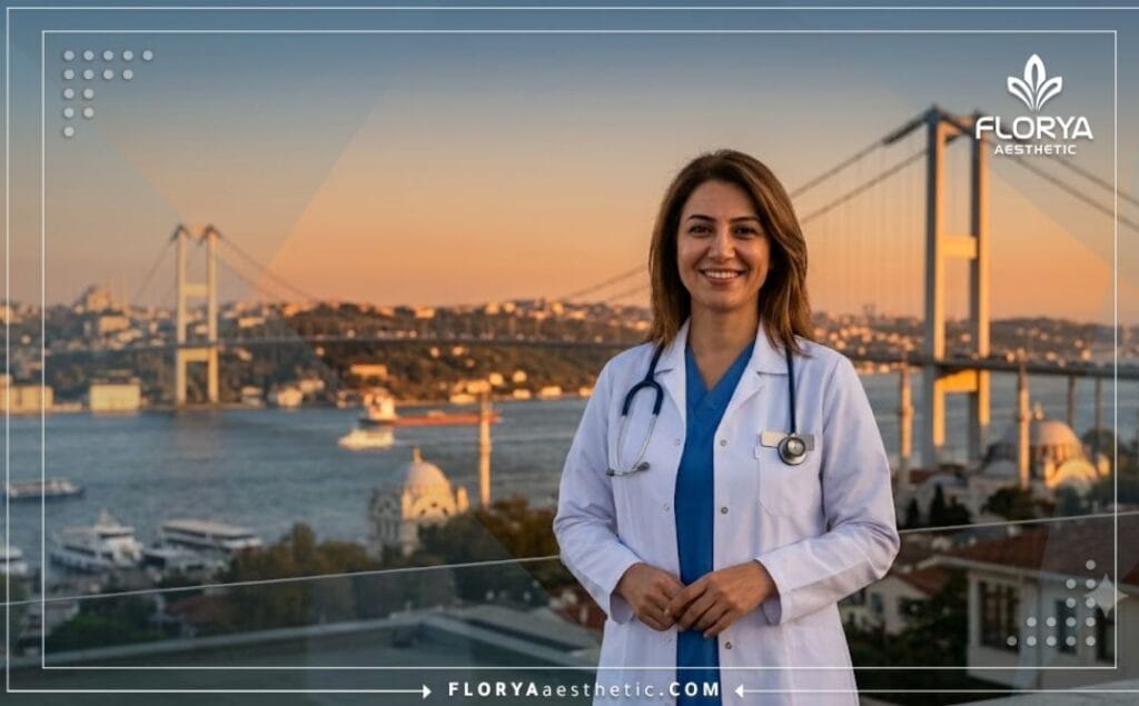 Friendly aesthetic doctor standing before a famous Istanbul landmark