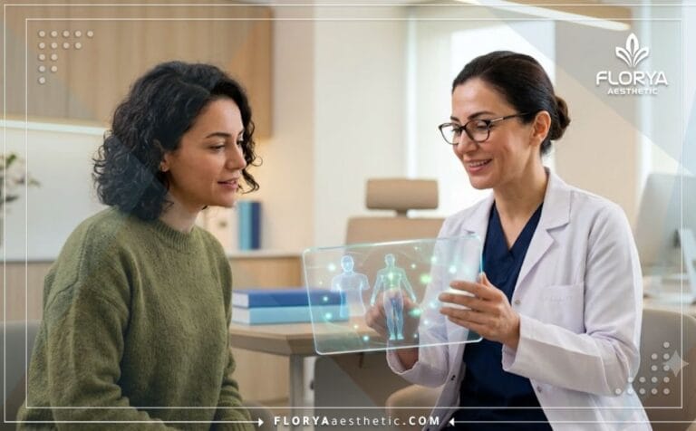 طبيب متخصص يعرض خطة علاج عبر جهاز لوحي داخل أفضل عيادة نحت الجسم بالفيزر في تركيا بتقنيات حديثة.