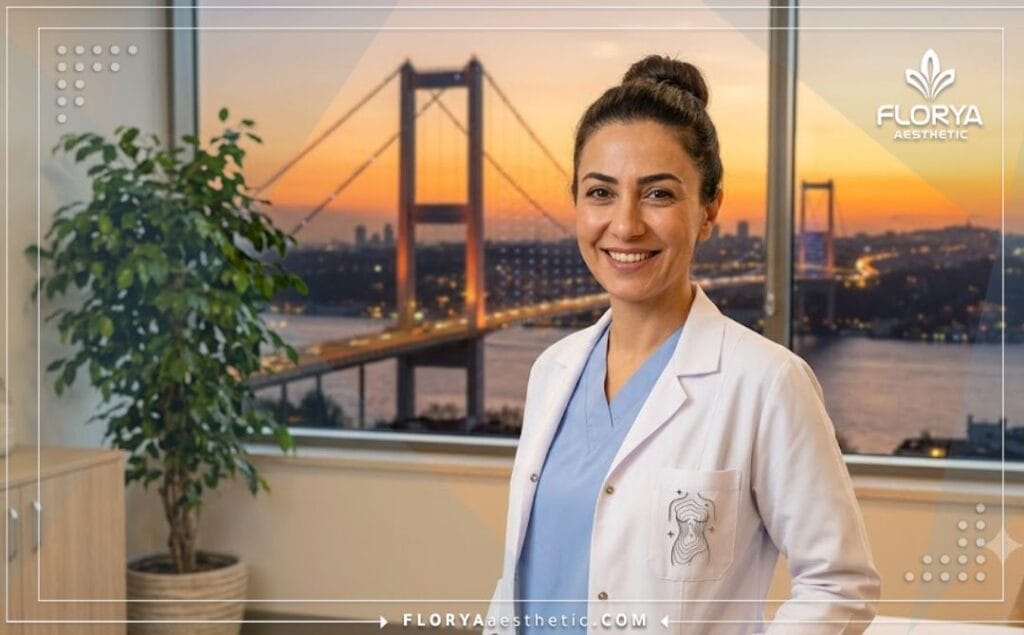 Médico amable dando la bienvenida a los pacientes con la Torre Galata de Estambul al fondo.