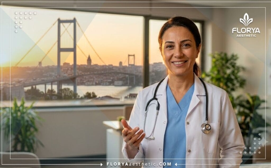 Cirujano estético amable dando la bienvenida a los pacientes con el hermoso paisaje de Estambul de fondo.