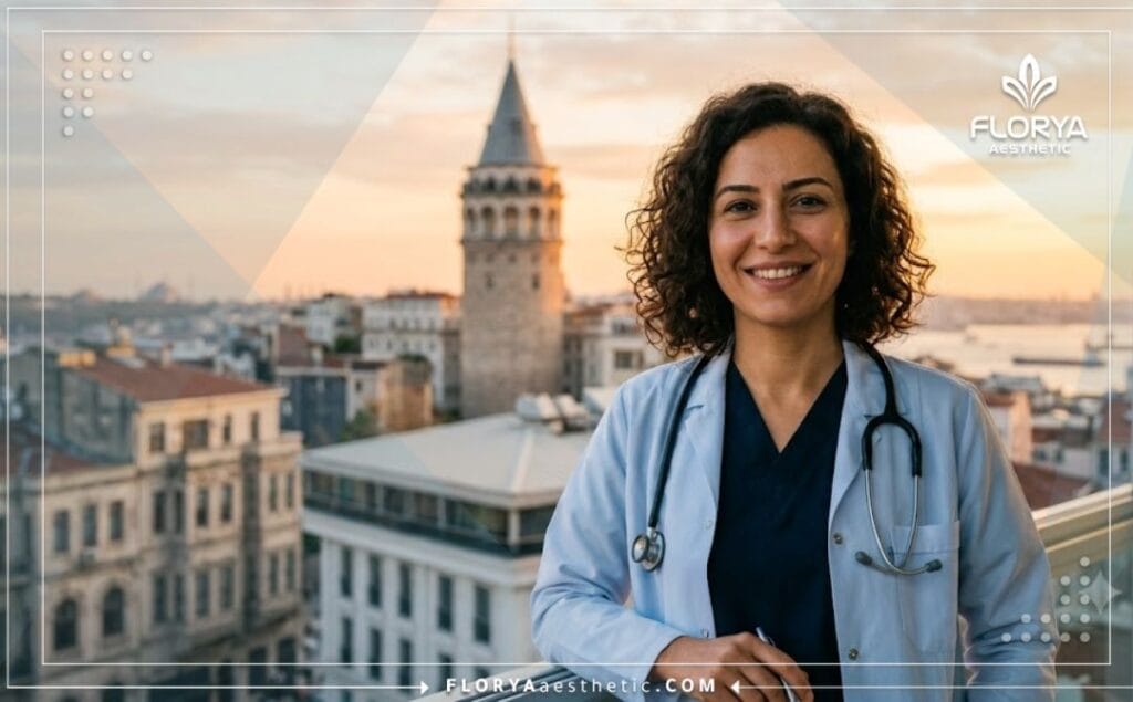 Médico especialista en estética facial con un paisaje de Estambul de fondo