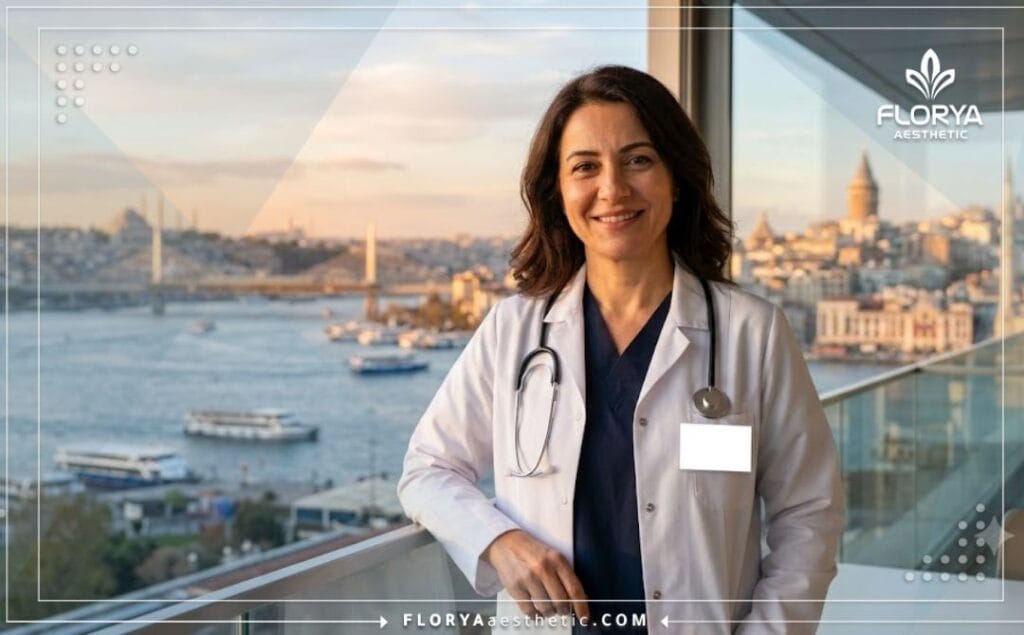 طبيب متخصص يبتسم للمريض مع خلفية جميلة لمدينة إسطنبول ومعالمها