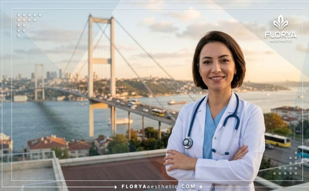طبيب متخصص في نحت الجسم يبتسم وخلفه جسر البوسفور في إسطنبول.
