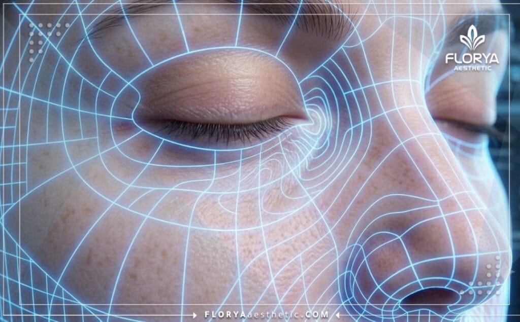 Numérisation 3D détaillée de la zone des yeux pour un traitement esthétique précis.