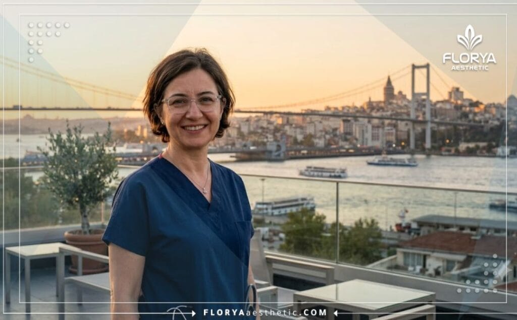 Médecin esthétique souriant avec la célèbre tour Galata d'Istanbul en arrière-plan.