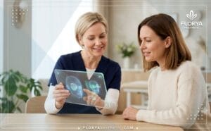 طبيب يشرح خطة العلاج الرقمية مع أفضل دكتور فيلر العيون الغائرة عبر جهاز لوحي.