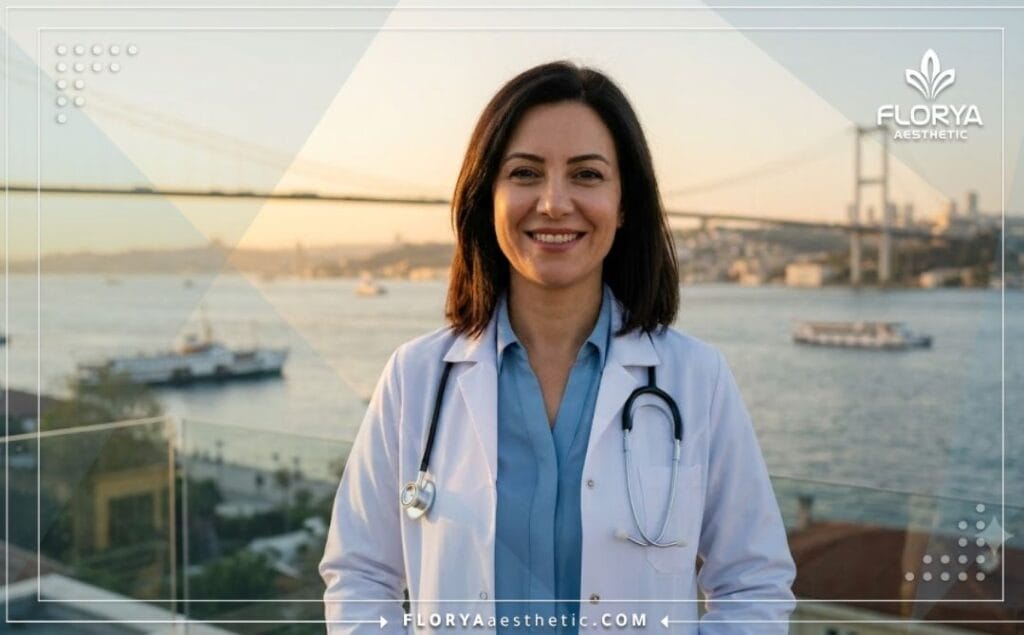 طبيب تجميل خبير يبتسم مرحباً بالمرضى مع خلفية جميلة لجسر البوسفور في مدينة اسطنبول