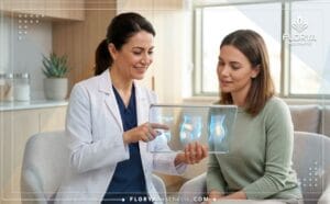 Professional doctor planning a procedure at the Best traditional liposuction clinic in Turkey using a transparent digital tablet