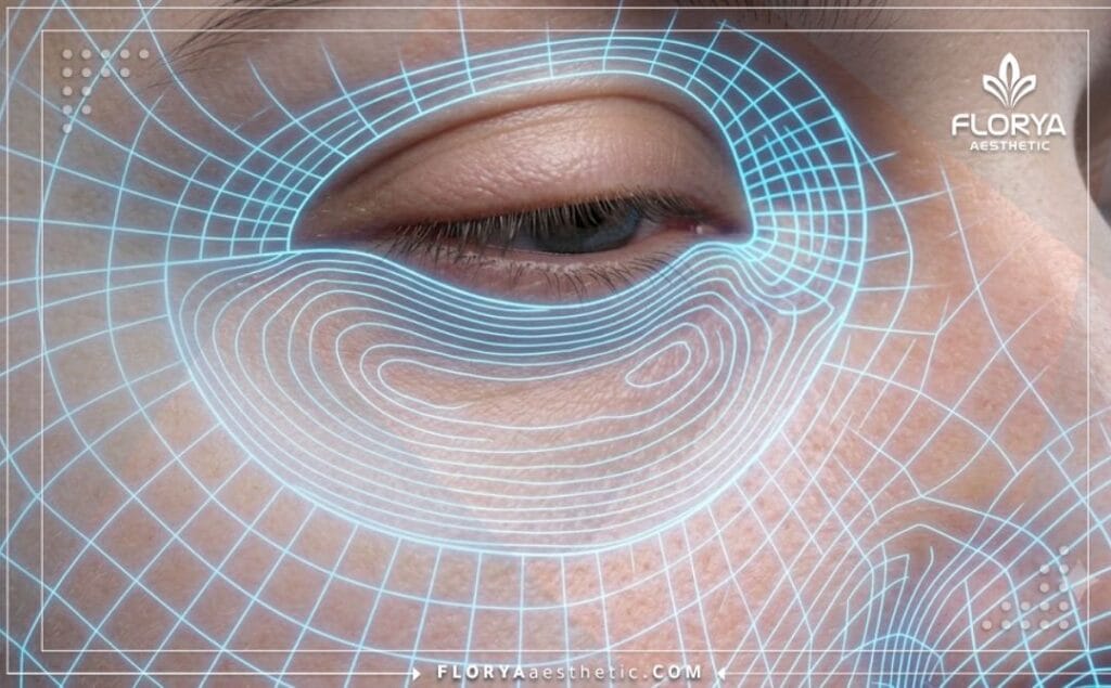 Scan médical 3D de haute technologie ciblant précisément la zone anatomique sous les yeux.