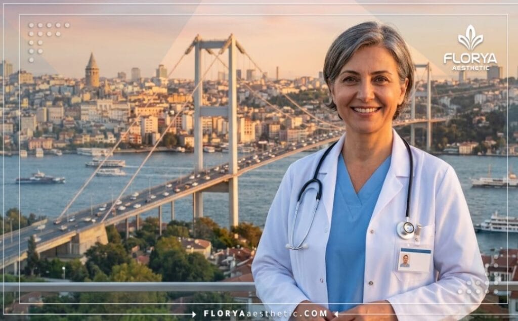 Chirurgien souriant à Istanbul avec le pont du Bosphore illuminé en arrière-plan.