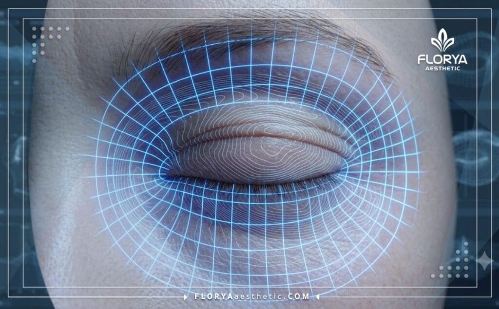 Visualisation 3D haute technologie se concentrant sur la zone précise pour une Blépharoplastie.