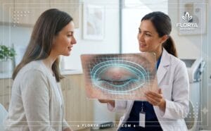 Docteur professionnel montrant un plan numérique de Blépharoplastie à son patient avec une technologie avancée.