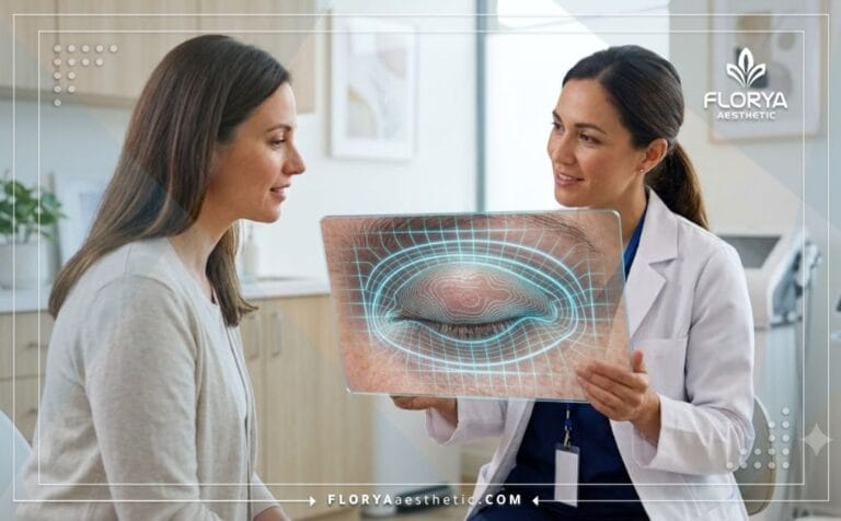 طبيب تجميل محترف يناقش خطة إزالة الجلد الزائد حول العين مع مريض باستخدام تقنية حديثة