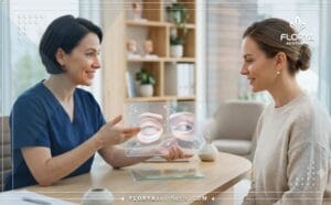 Médecin professionnel expliquant la Blépharoplastie avec une tablette numérique.