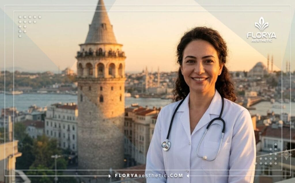 Médecin souriant accueillant un patient à Istanbul avec le pont du Bosphore en arrière-plan.