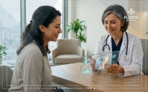 طبيب متخصص يناقش خطة أسعار عمليات تجميل الجفون في تركيا عبر شاشة لوحية ذكية.