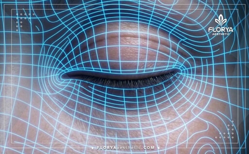 Высокотехнологичное 3D-сканирование макроповерхности, детально показывающее анатомию области век.