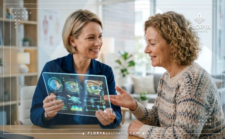 طبيب خبير يعرض نصائح بعد عملية تجميل الجفون للمريض باستخدام تقنيات رقمية حديثة في عيادة متطورة.