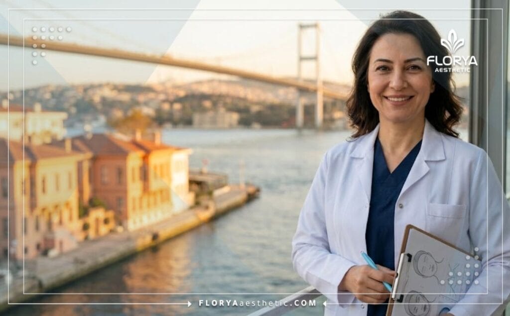 Friendly eyelid surgery specialist smiling with a beautiful Istanbul landmark in the background.