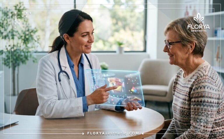طبيب محترف يشرح أضرار عملية شد الجفون للمريض باستخدام تقنية رقمية حديثة