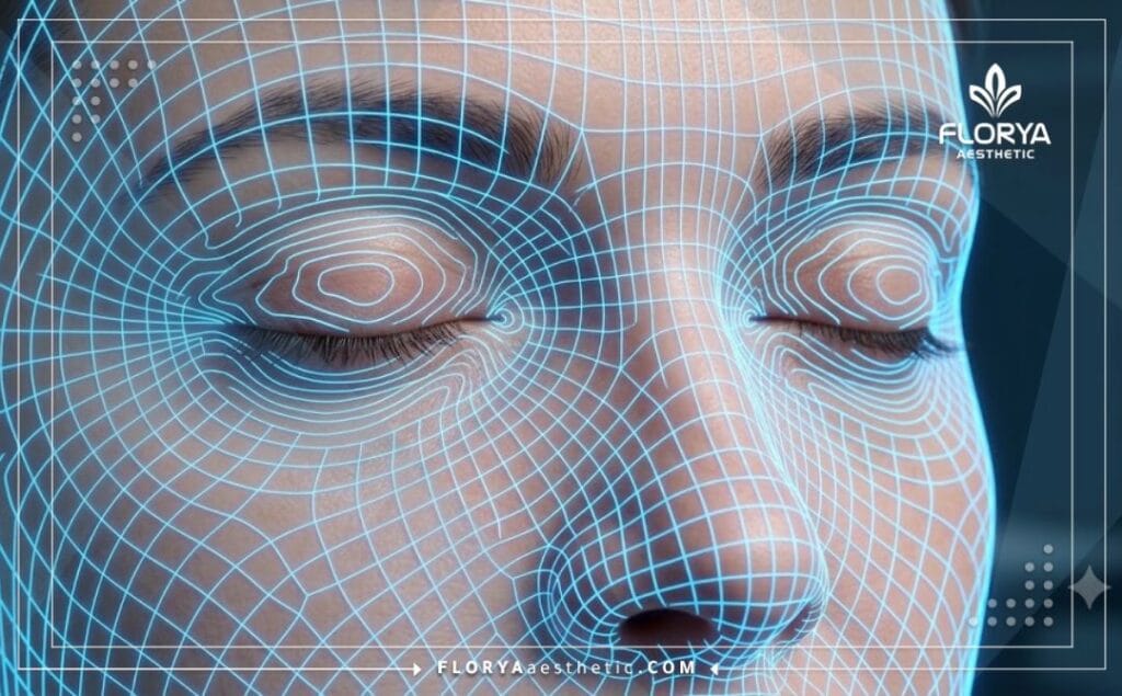 High-tech digital 3D mesh scan focusing precisely on the eyelid and orbital anatomy.