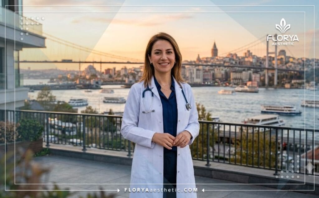 Friendly eyelid surgery specialist smiling with an iconic Istanbul landmark in the background.