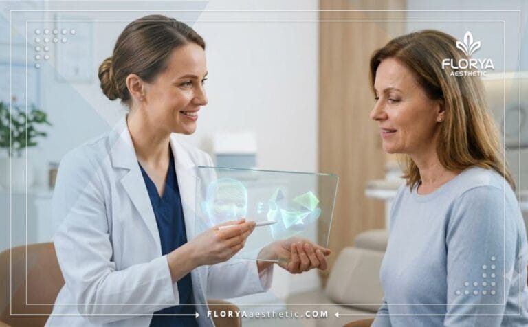دكتور تجميل يراجع خطة شد الجفن السفلي المترهل عبر جهاز لوحي متطور