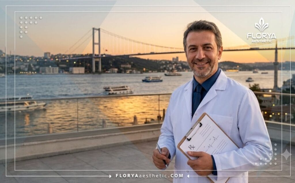 Friendly aesthetic doctor welcoming patients to Istanbul with the Bosphorus Bridge in the background