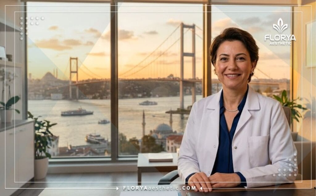 Médecin esthétique souriant à Istanbul avec un monument célèbre en arrière-plan