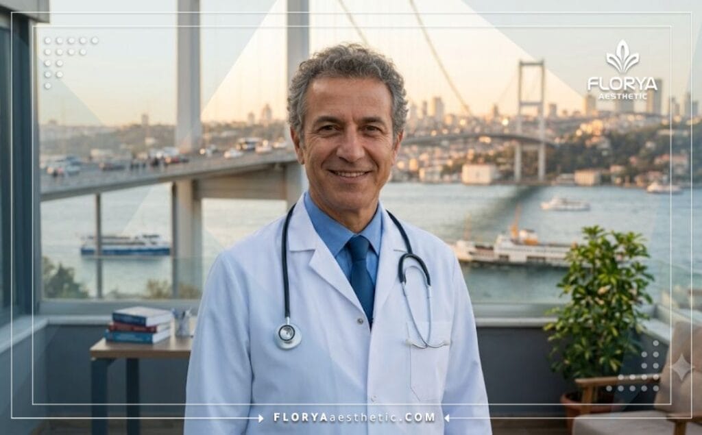 Doctor experto en párpados sonriendo con un paisaje de Estambul de fondo.