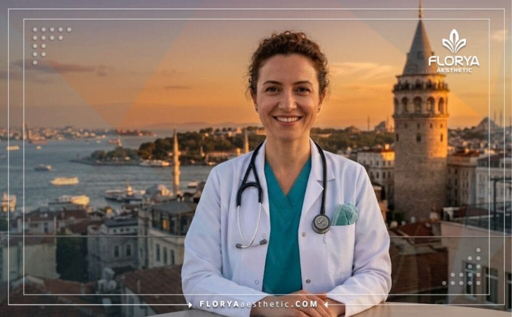 طبيب تجميل ودود يرحب بالمرضى في اسطنبول مع ظهور معلم بارز في الخلفية.