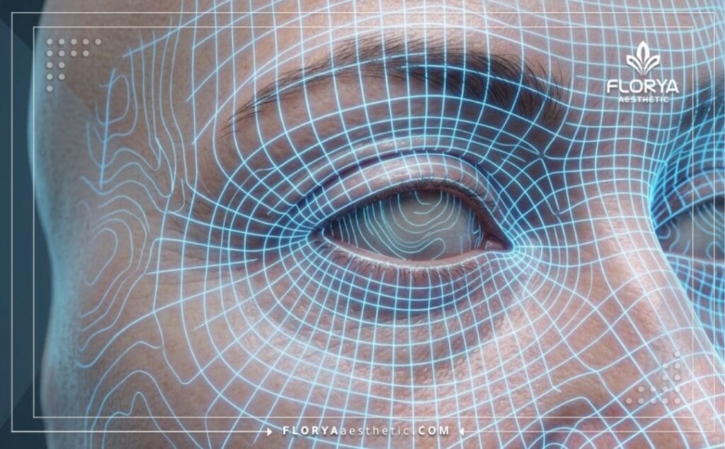 مسح رقمي ثلاثي الأبعاد يوضح التشريح الدقيق لمنطقة الجفون استعداداً للإجراء التجميلي.